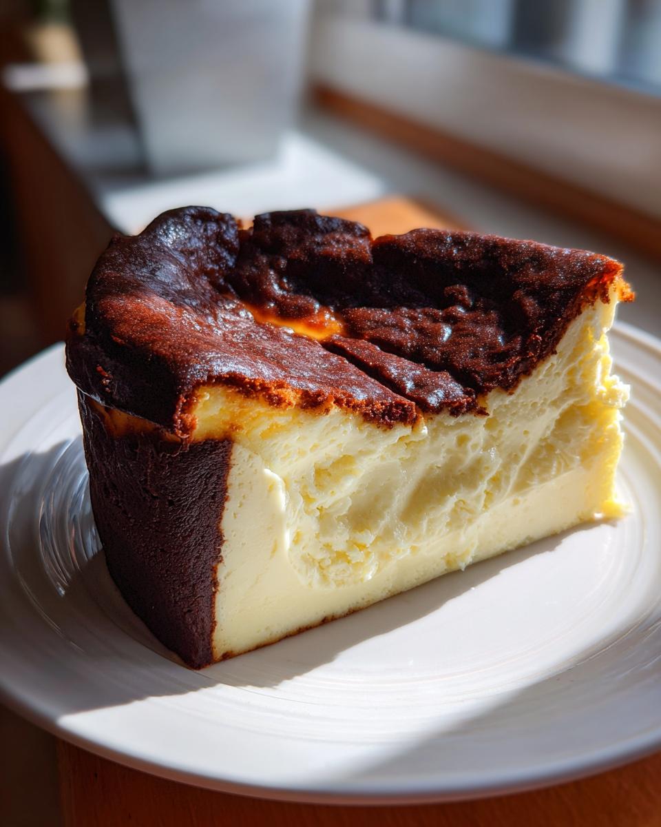 A thick slice of creamy Basque cheesecake with a dark, caramelized top resting on a white plate.