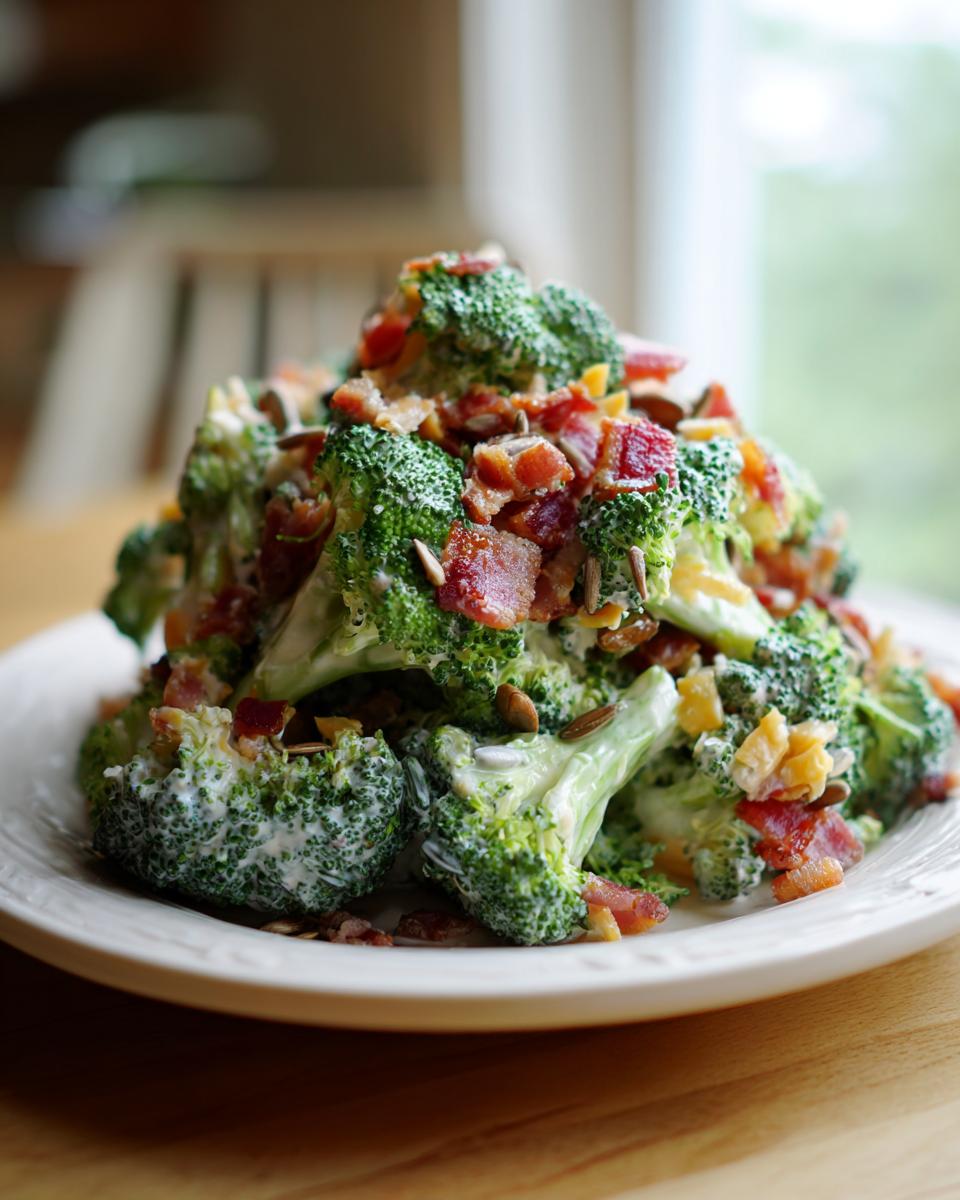 A mound of creamy broccoli salad topped generously with crispy bacon bits and sunflower seeds on a white plate.