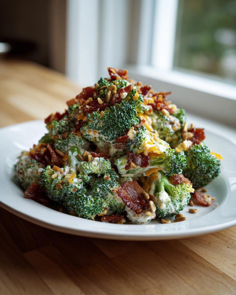 A mound of creamy broccoli salad topped generously with bacon bits and sunflower seeds, served on a white plate.