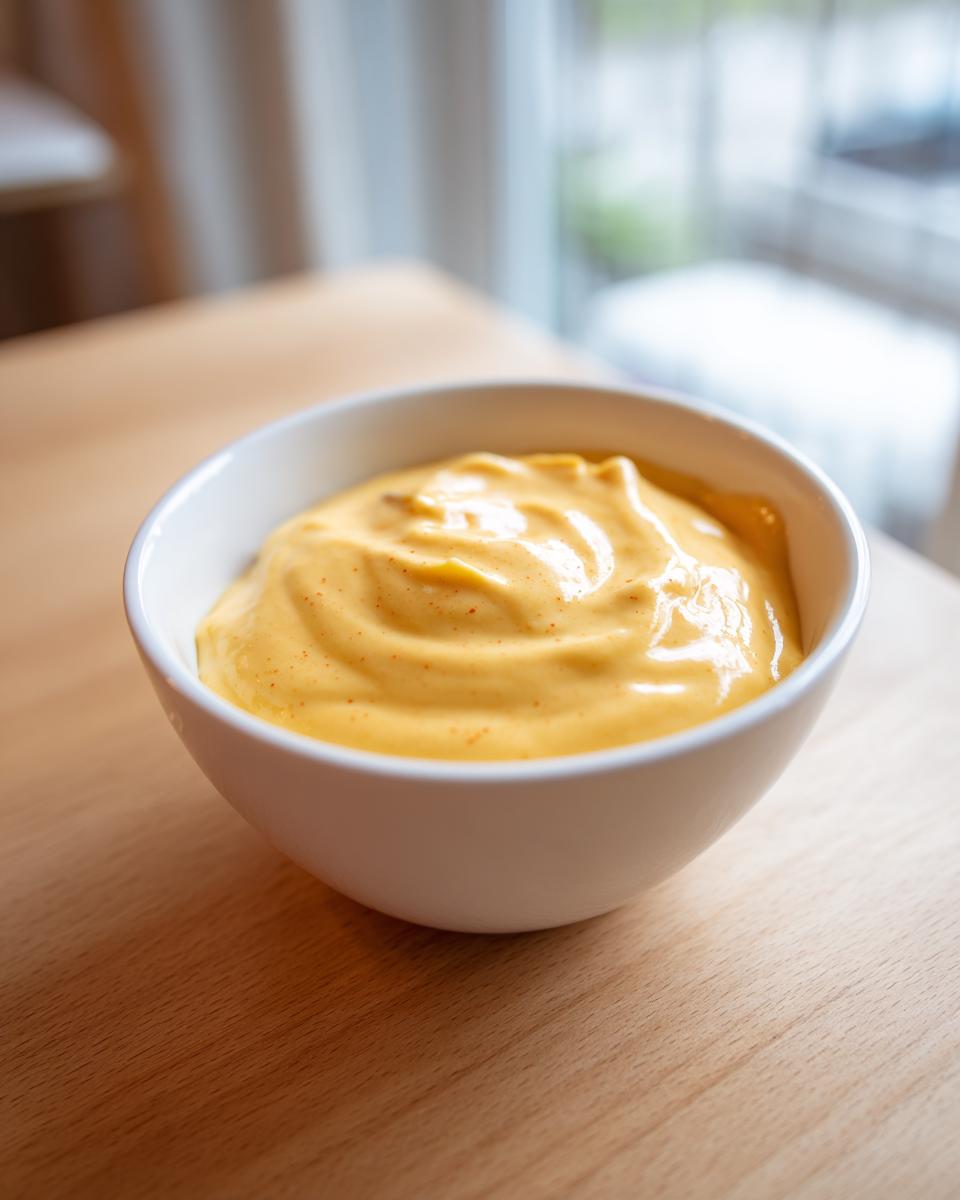 Close-up of smooth, creamy cheese fondue with paprika specks in a white bowl on a wooden table.