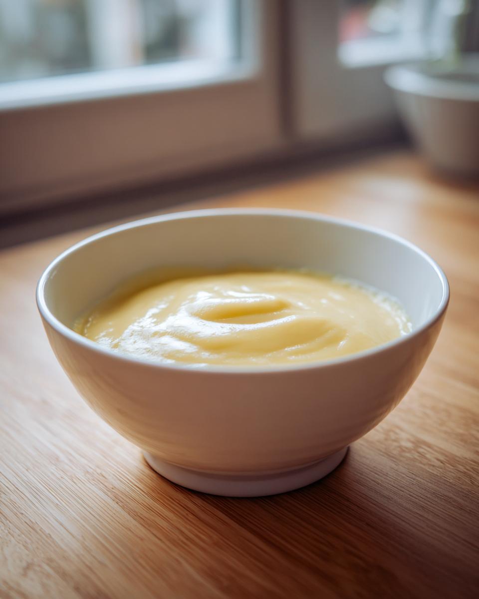 A close-up of smooth, melted cheese fondue in a white bowl resting on a wooden surface.
