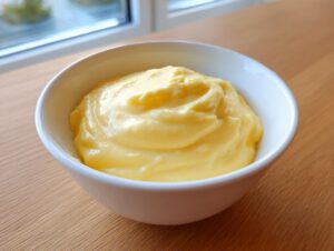 Close-up of smooth, creamy yellow cheese fondue served in a white bowl on a wooden surface.