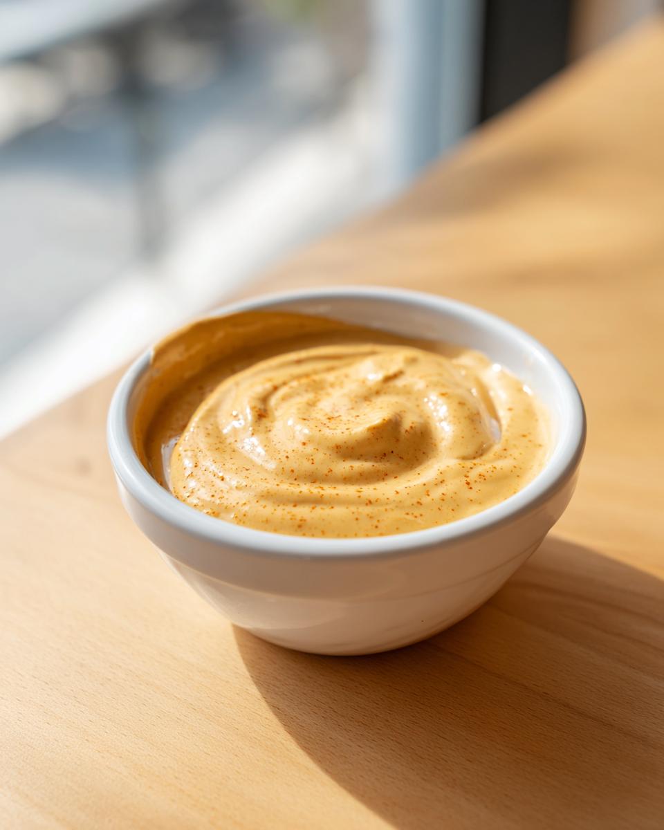 A small white bowl filled with thick, creamy, orange-colored cheese fondue, sprinkled with spices.