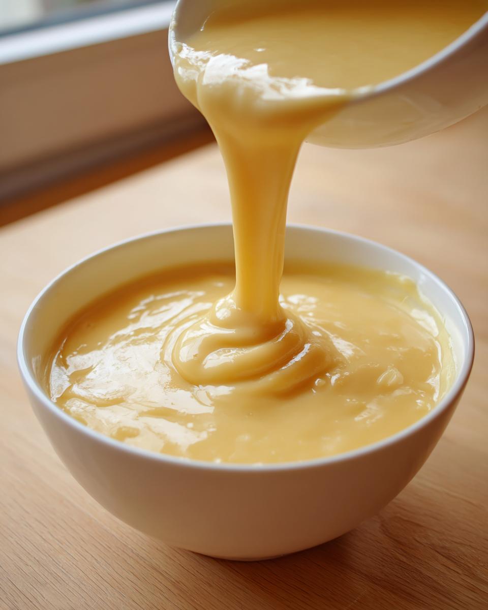 Close-up of thick, smooth, yellow cheese fondue being poured into a white bowl.