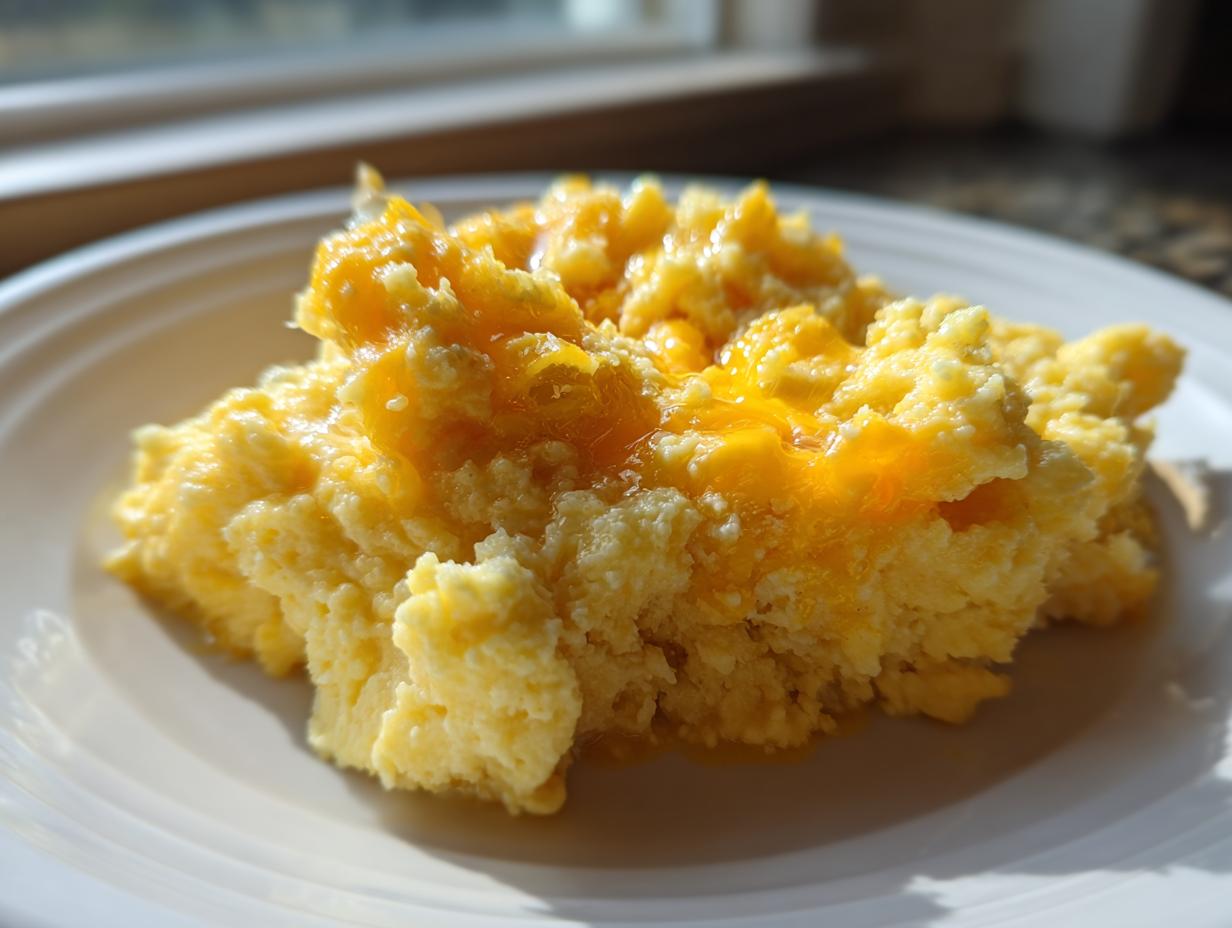 A close-up of creamy, fluffy cheese grits topped with melted orange cheddar cheese on a white plate.