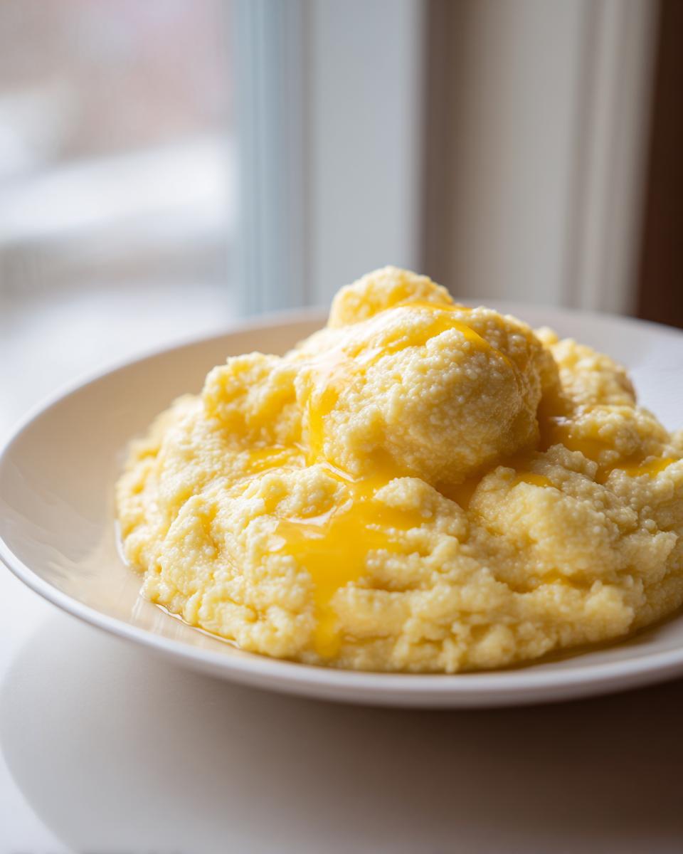 A close-up of fluffy, yellow cheese grits served in a white bowl with a generous drizzle of melted cheddar cheese.