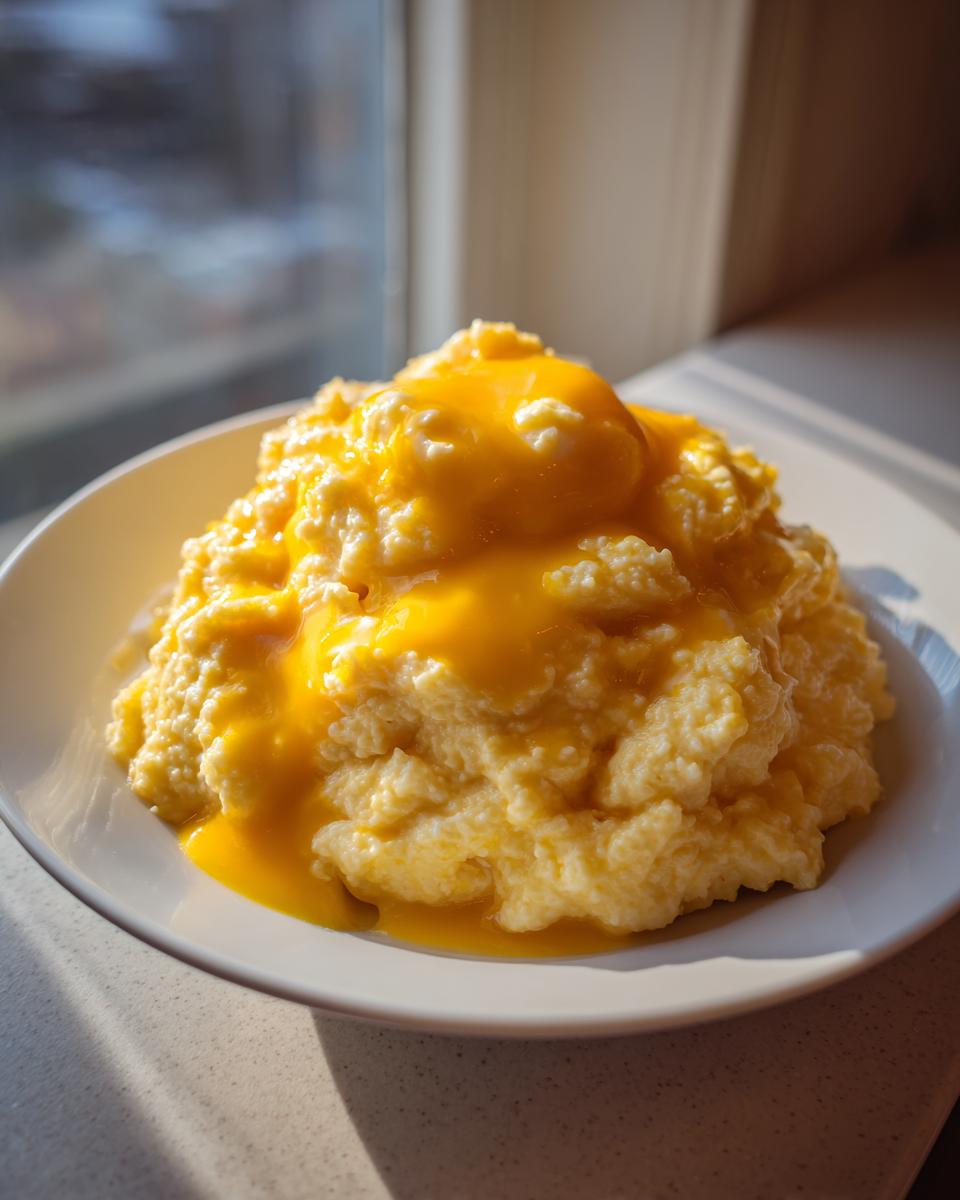 A close-up of fluffy, creamy cheese grits topped with a generous pool of melted bright orange cheese sauce.