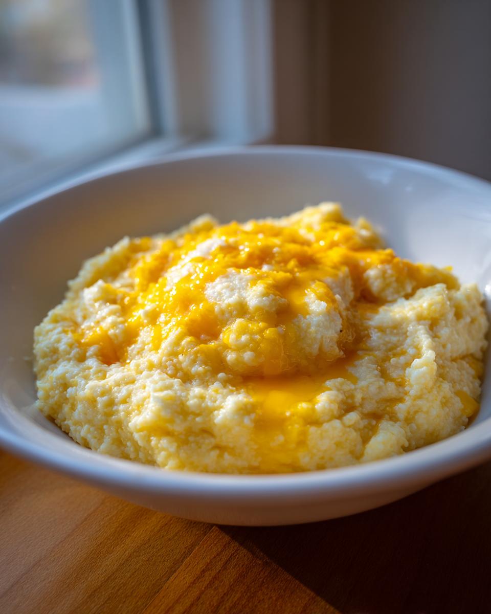 A close-up of creamy cheese grits topped with melted cheddar cheese in a white bowl.