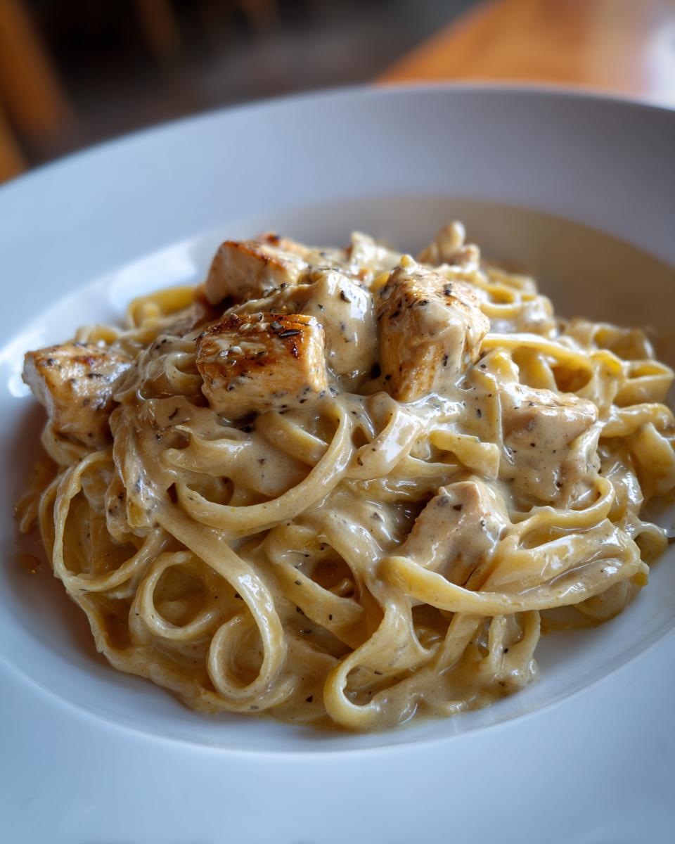 Close-up of creamy fettuccine pasta tossed in Alfredo sauce with seasoned, cubed chicken pieces, a perfect chicken alfredo.