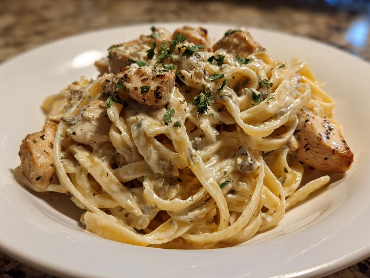 A close-up of creamy fettuccine pasta tossed in Alfredo sauce with seasoned, cubed chicken pieces, garnished with parsley, making delicious chicken alfredo.