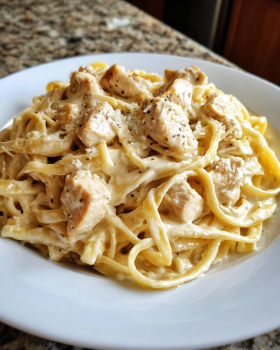 A close-up of creamy chicken alfredo pasta with fettuccine noodles and seasoned chicken chunks on a white plate.