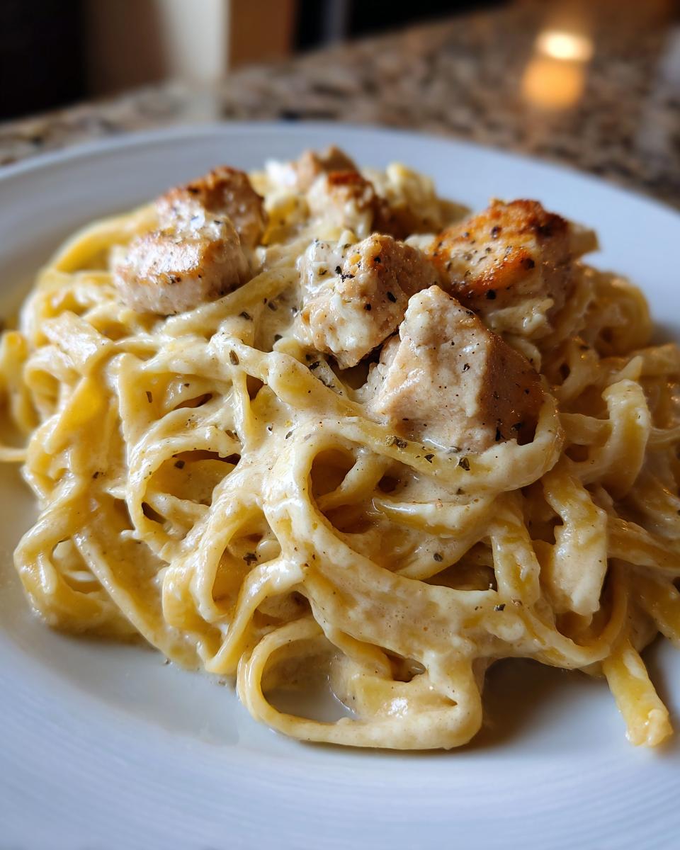 Close-up of fettuccine pasta coated in rich, creamy sauce with seasoned chunks of chicken, perfect chicken alfredo.