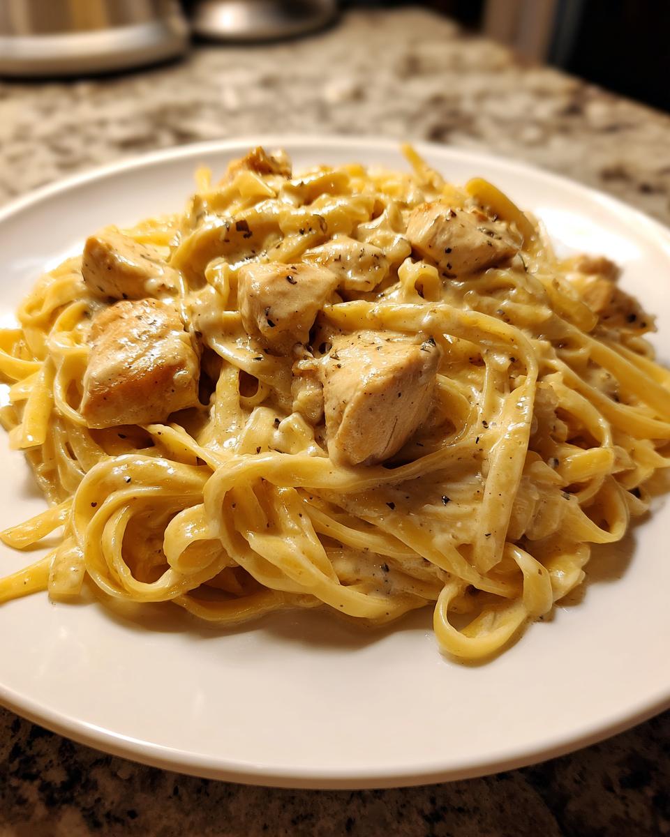 Close-up of a serving of rich chicken alfredo pasta with fettuccine noodles and chunks of seasoned chicken.