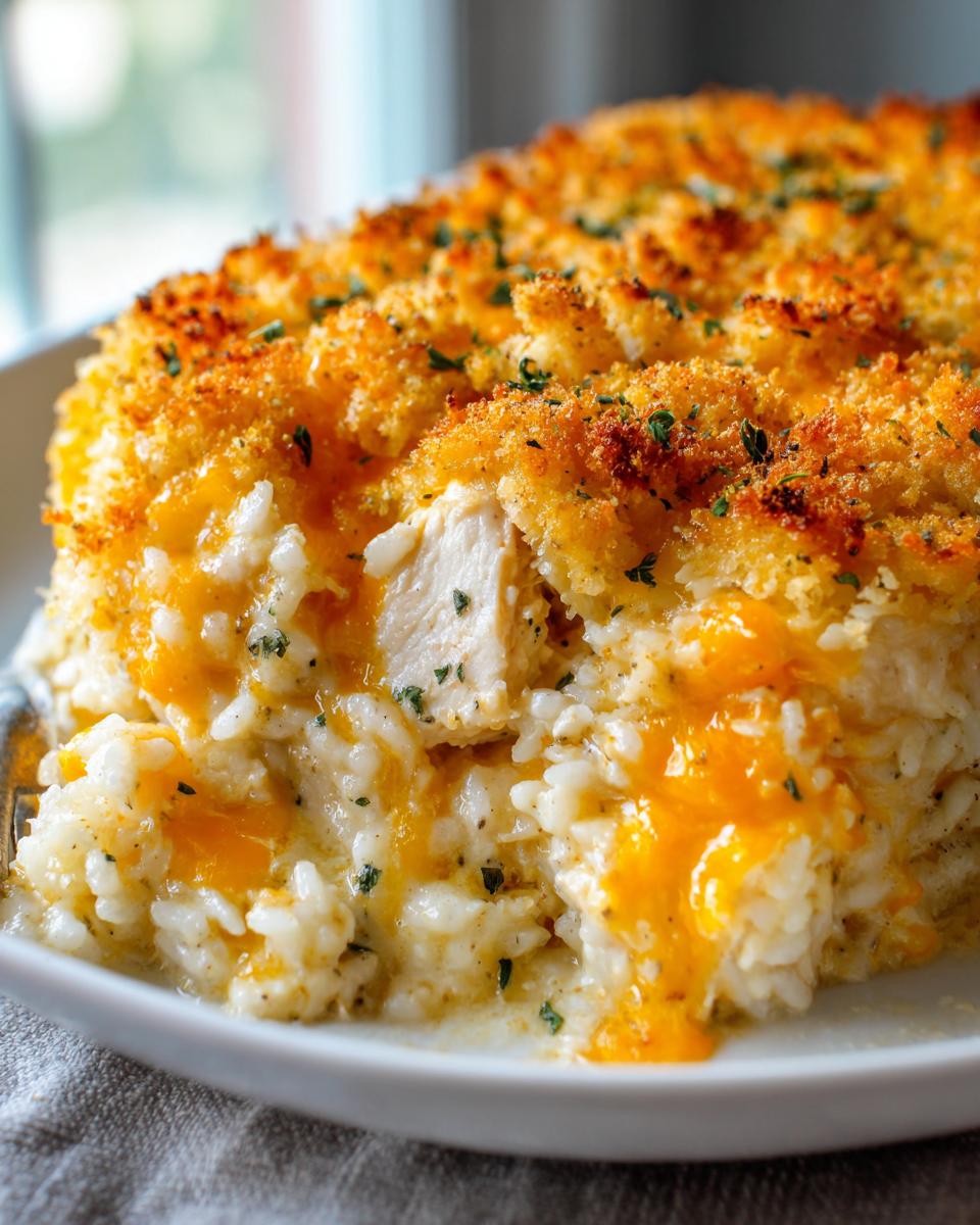 A close-up of a creamy chicken and rice casserole slice topped with golden breadcrumbs and melted cheddar cheese.
