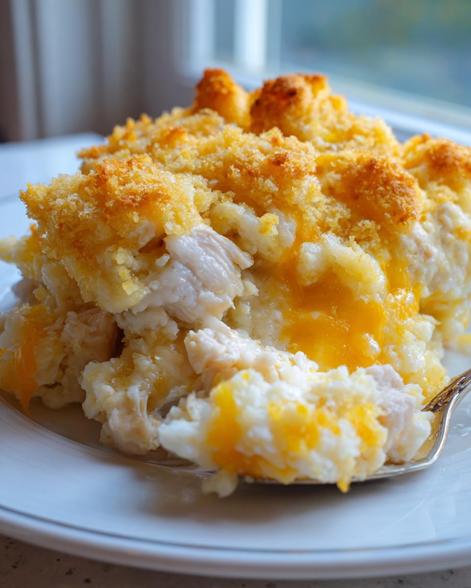 A close-up of a serving of creamy chicken and rice casserole topped with golden, crunchy breadcrumbs.