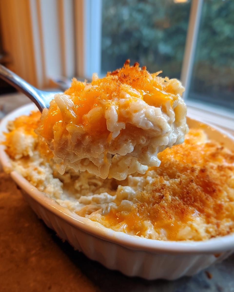 A spoonful of creamy, cheesy chicken and rice casserole being lifted from a white baking dish.