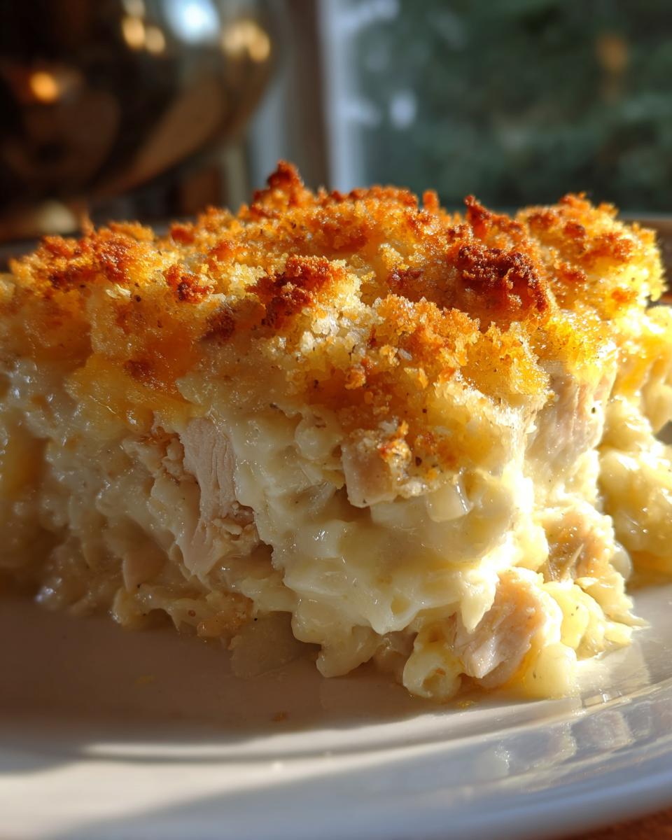 A close-up of a creamy slice of chicken and rice casserole featuring chunks of chicken and a golden, crunchy breadcrumb topping.
