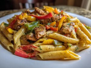 A close-up of creamy Rasta pasta featuring penne, seasoned chicken chunks, and colorful bell peppers.