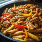 Close-up of creamy Rasta pasta featuring penne, seasoned chicken pieces, and colorful bell peppers.