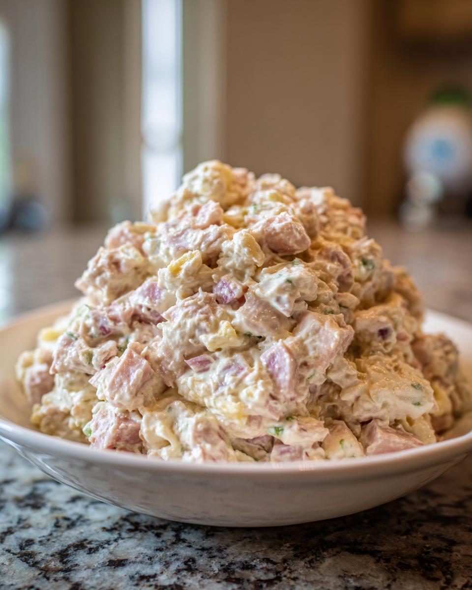 A generous mound of creamy ham salad recipe, featuring diced ham and a mayonnaise dressing, served in a white bowl.