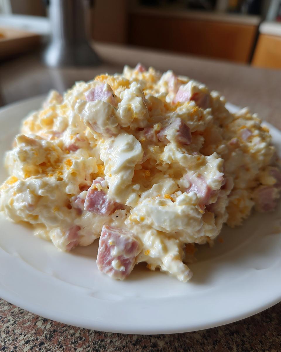 A mound of creamy ham salad recipe featuring diced ham, chopped egg whites, and sprinkled egg yolk on a white plate.