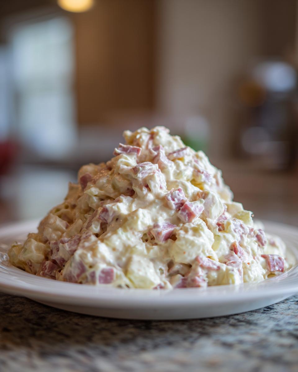 A generous mound of creamy ham salad recipe with visible chunks of ham and potatoes served on a white plate.