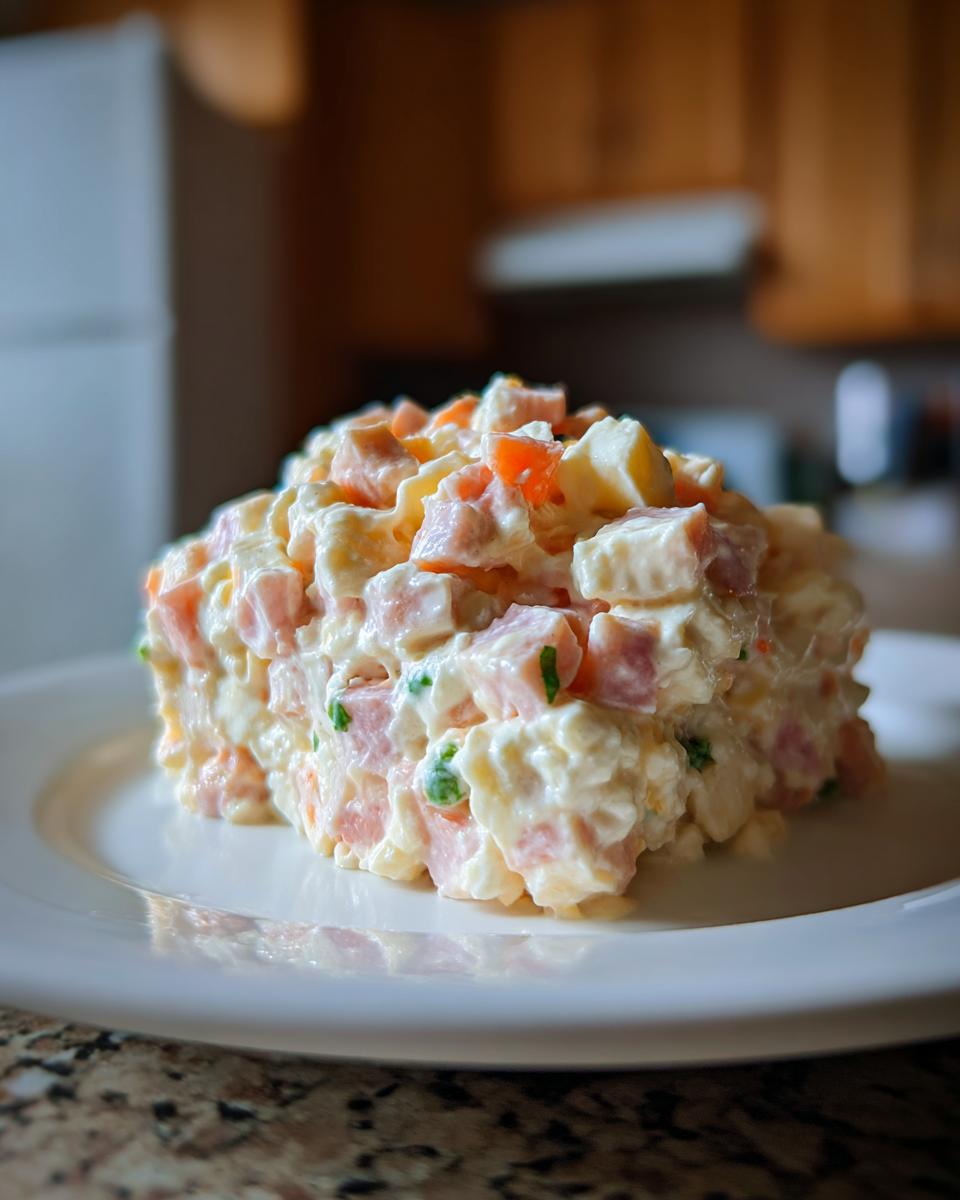 A scoop of creamy ham salad recipe mixture with visible diced ham, eggs, and carrots on a white plate.