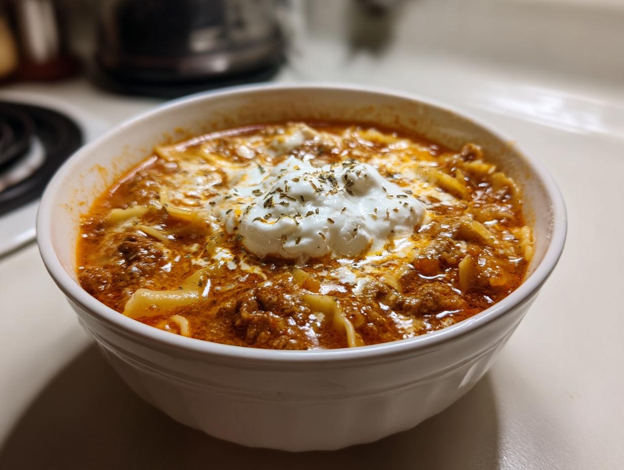 A close-up of a white bowl filled with rich, meaty creamy lasagna soup, topped with a dollop of ricotta cheese and herbs.