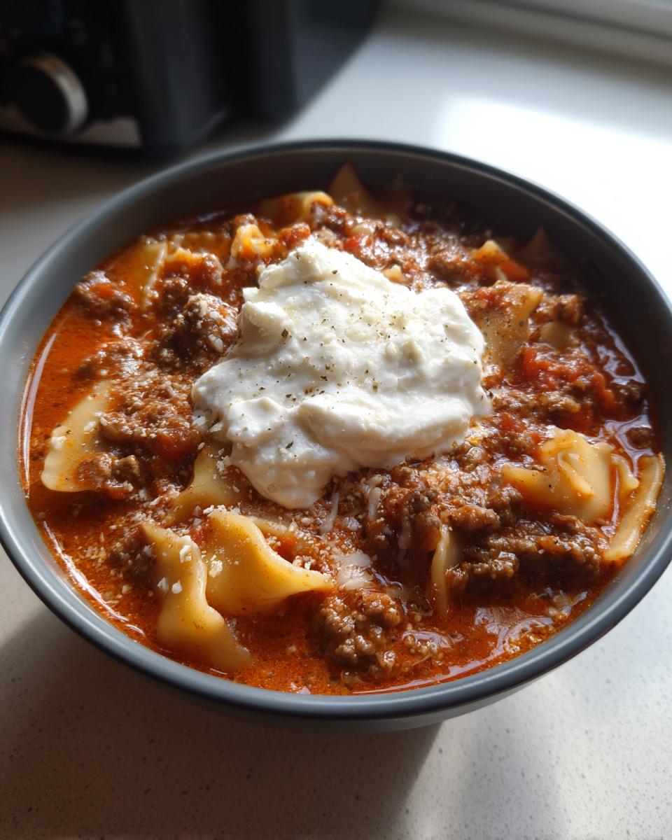 A close-up of a hearty bowl of creamy lasagna soup with meat sauce, pasta pieces, and a dollop of ricotta cheese.