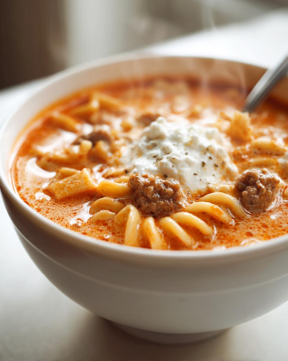Close-up of a steaming white bowl filled with creamy lasagna soup, featuring pasta, ground meat, and a dollop of ricotta cheese.