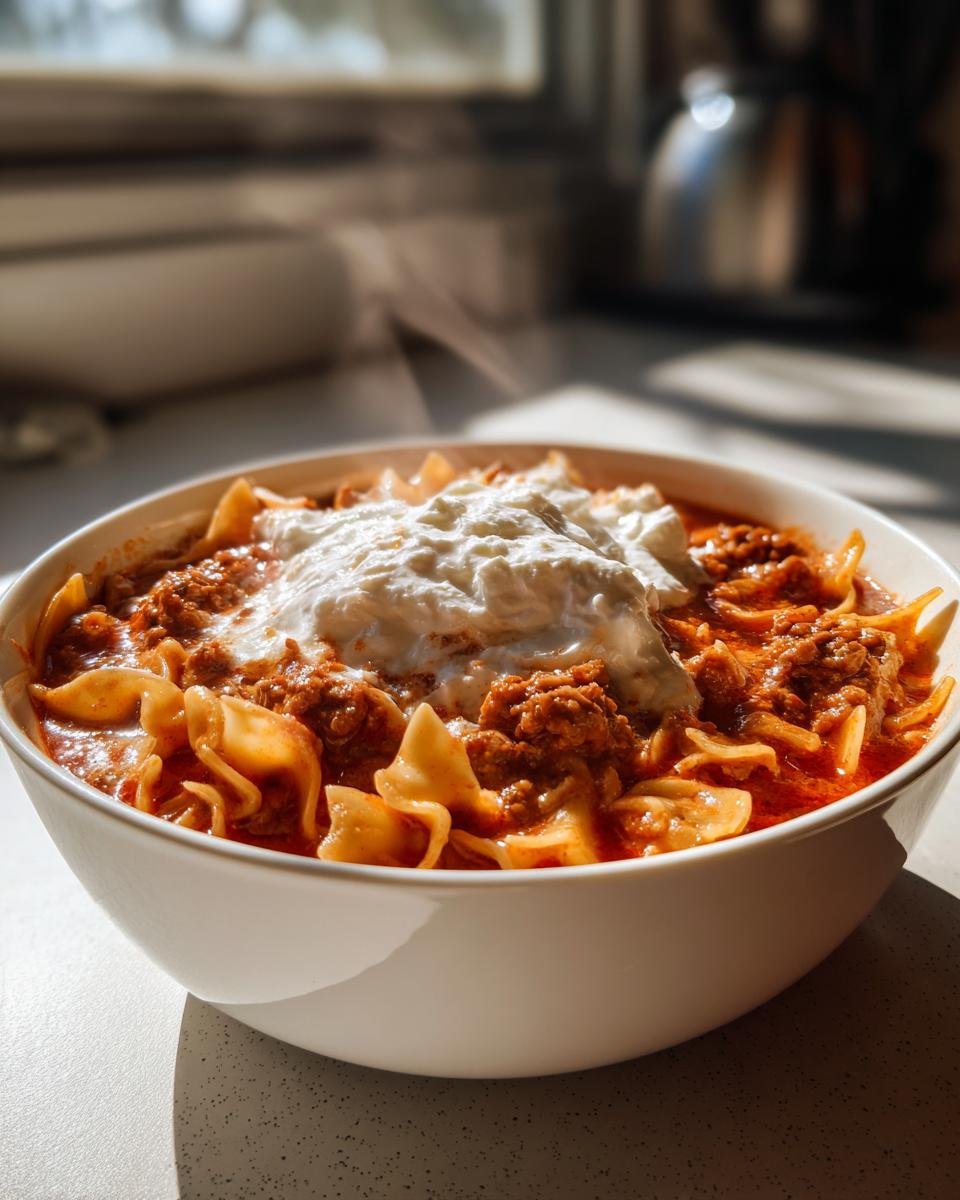 A close-up of a hot bowl of creamy lasagna soup featuring egg noodles, meat sauce, and a dollop of white ricotta cheese.