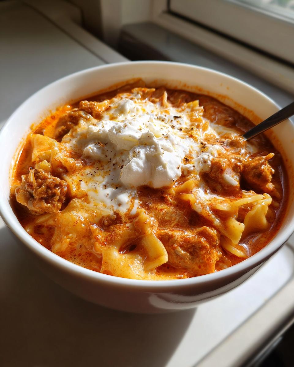 A close-up of a bowl of rich, orange-red creamy lasagna soup, featuring pasta pieces and topped with a dollop of white ricotta cheese.