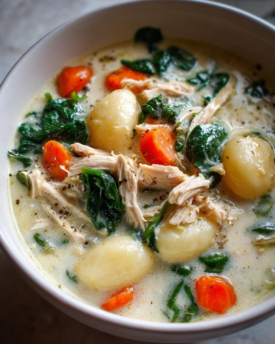 A close-up view of a bowl of creamy olive garden chicken gnocchi soup featuring shredded chicken, gnocchi, carrots, and spinach.