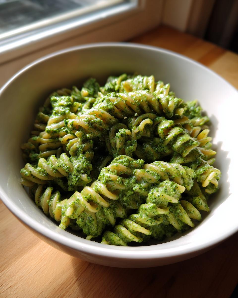 A close-up of creamy pesto pasta made with fusilli in a white bowl, brightly lit by natural light.