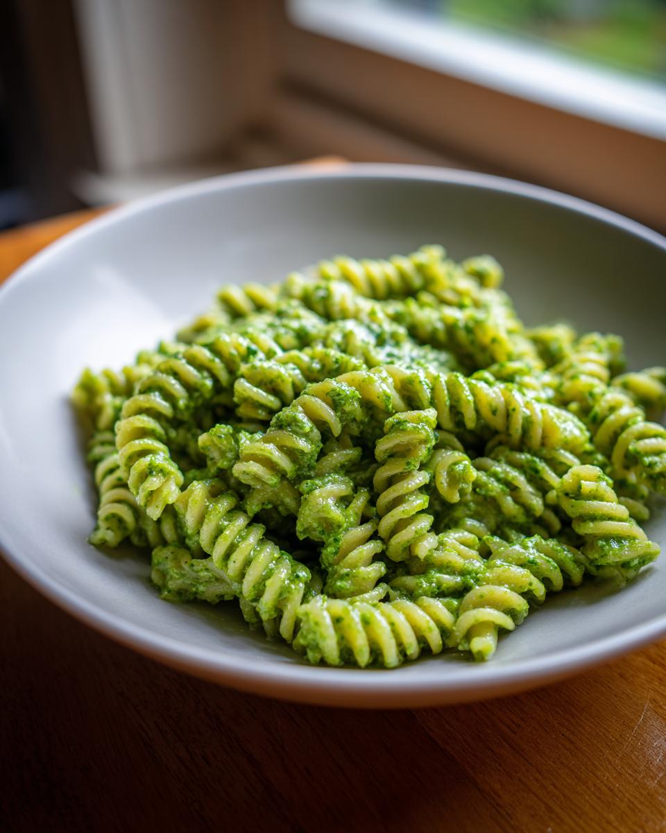 Close-up of creamy pesto pasta made with fusilli noodles, served in a light gray bowl.