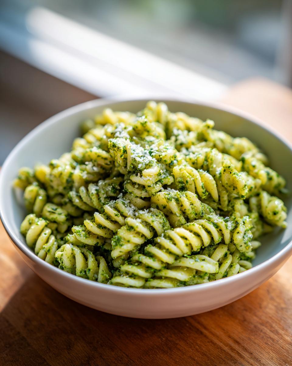 Close-up of creamy pesto pasta made with fusilli noodles, topped with grated cheese.