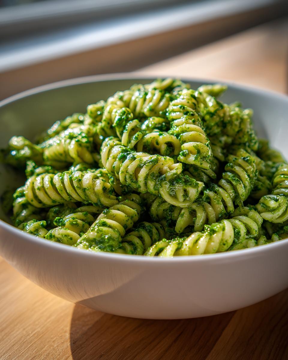 Close-up of creamy pesto pasta made with fusilli noodles, served in a white bowl.