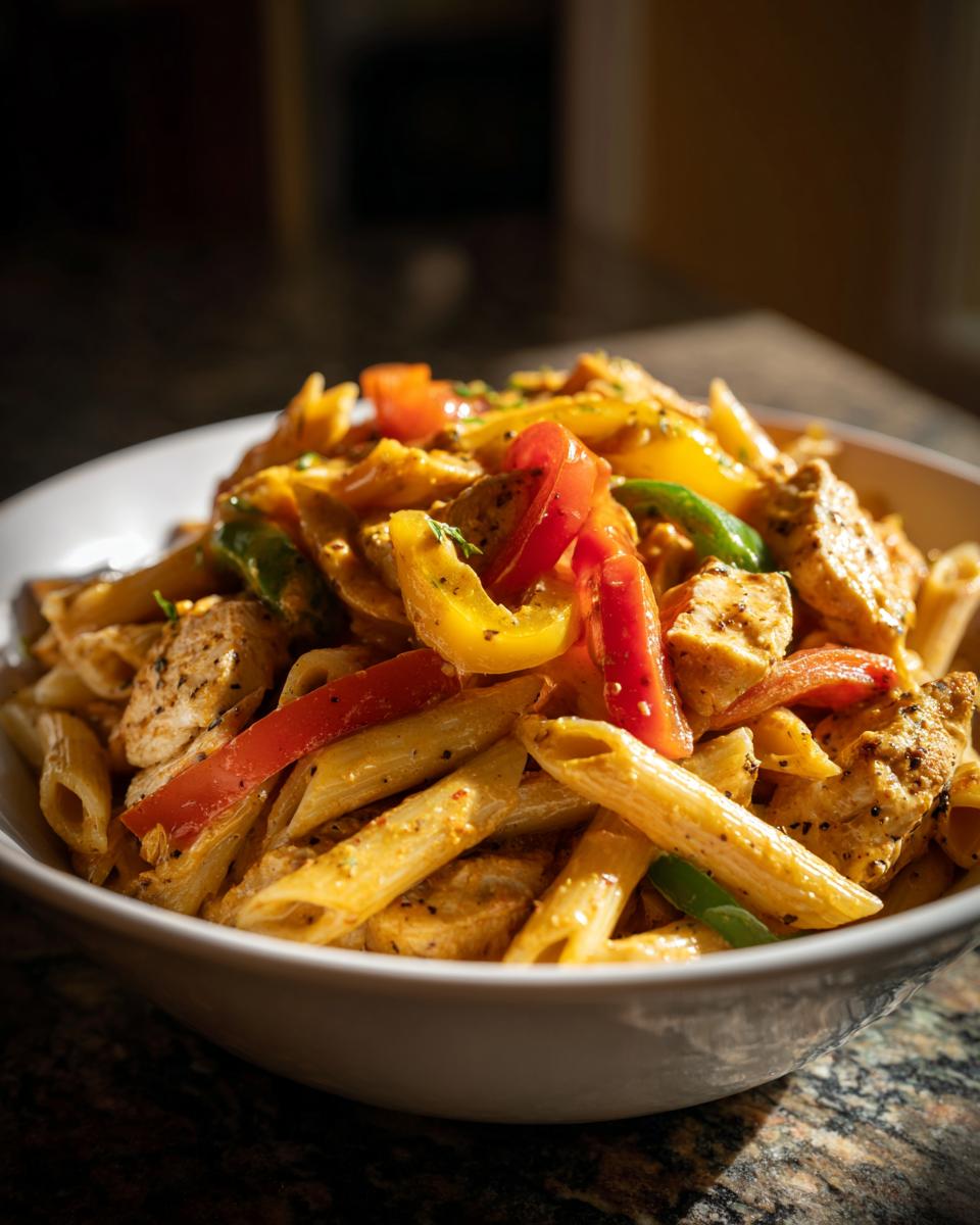 A close-up of a white bowl filled with creamy Rasta Pasta mixed with seasoned chicken chunks and colorful bell peppers.