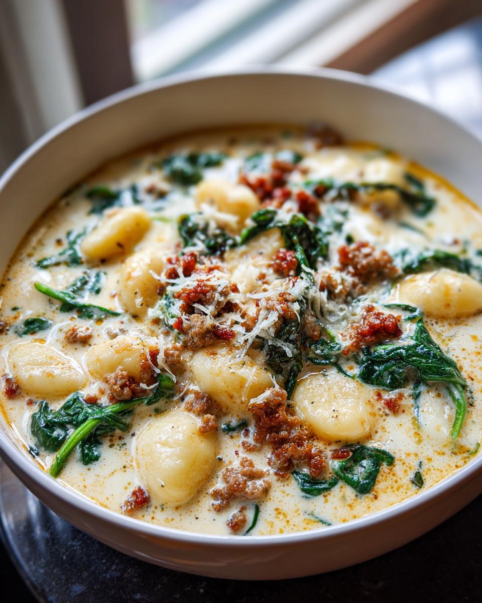 Close-up of a creamy bowl of sausage gnocchi soup, featuring soft gnocchi, crumbled sausage, and wilted spinach, topped with Parmesan.