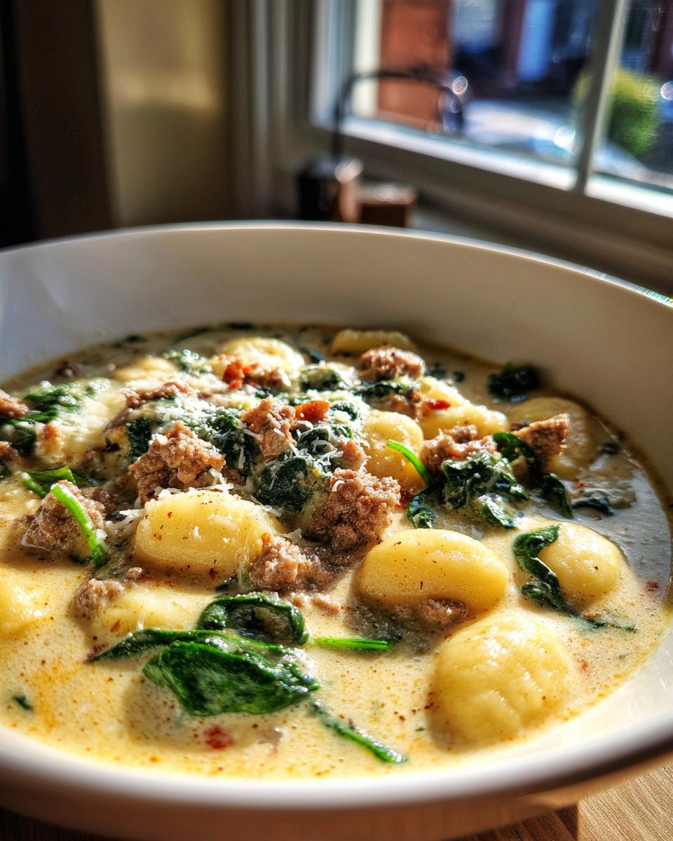 Close-up of a bowl of creamy sausage gnocchi soup with wilted spinach and grated Parmesan cheese.