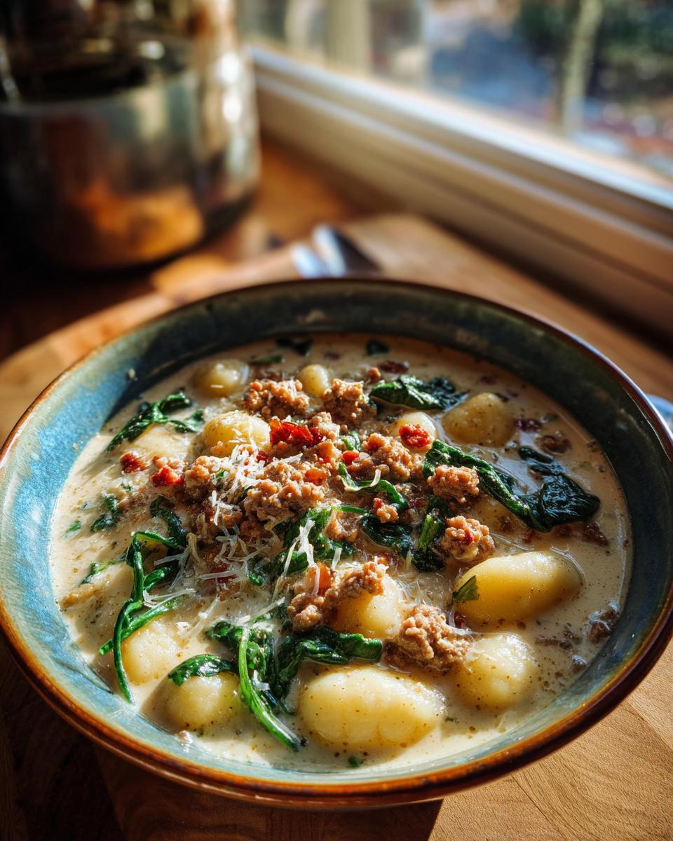 A close-up of a hearty bowl of creamy sausage gnocchi soup topped with crumbled sausage, spinach, and grated Parmesan cheese.