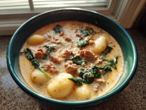 Close-up of a bowl of creamy sausage gnocchi soup with spinach and melted cheese.