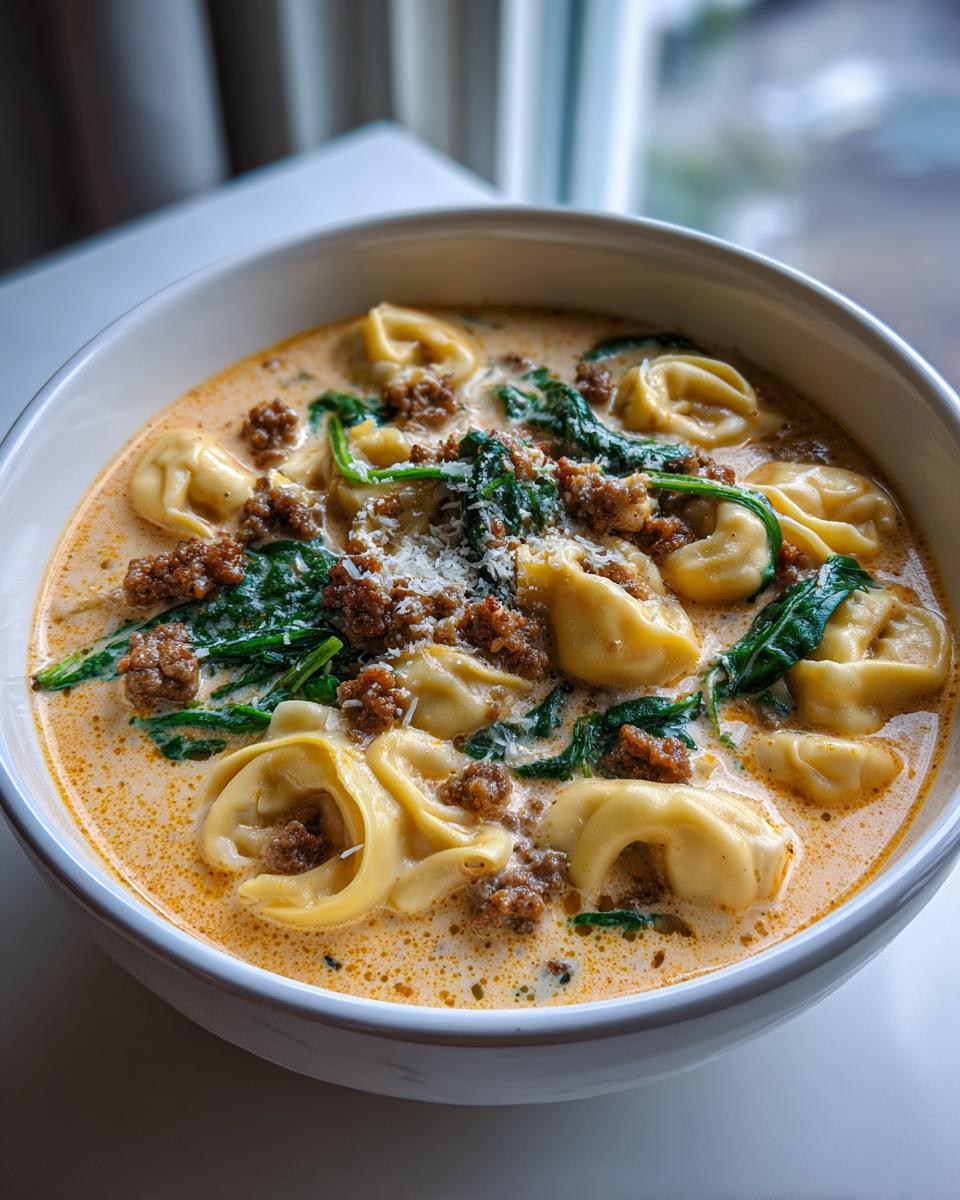 A close-up of a hearty bowl of creamy tortellini soup featuring cheese tortellini, crumbled sausage, and wilted spinach.