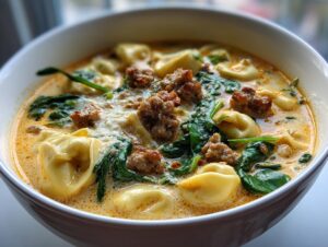 Close-up of a hearty bowl of creamy tortellini soup featuring cheese tortellini, crumbled sausage, and wilted spinach.