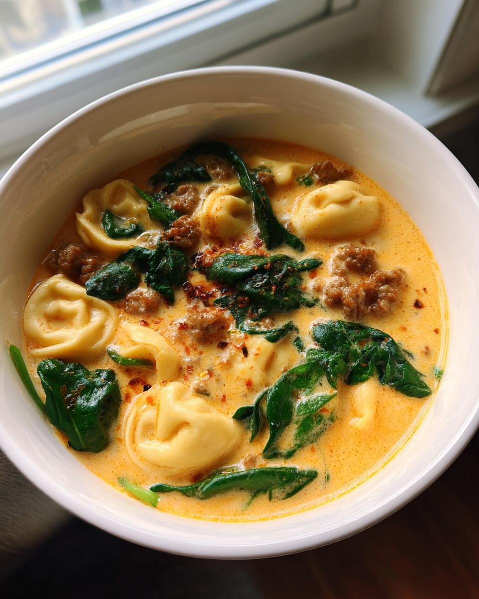 A close-up of a creamy, orange-hued tortellini soup featuring cheese tortellini, crumbled sausage, and wilted spinach.