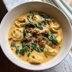 A close-up overhead view of a bowl of creamy tortellini soup with sausage crumbles and wilted spinach.