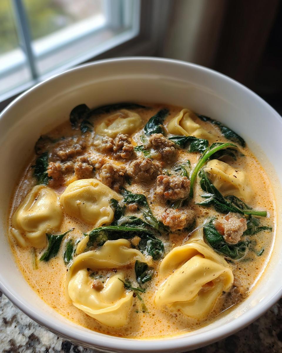 Close-up of a white bowl filled with creamy tortellini soup, featuring cheese tortellini, crumbled sausage, and wilted spinach.