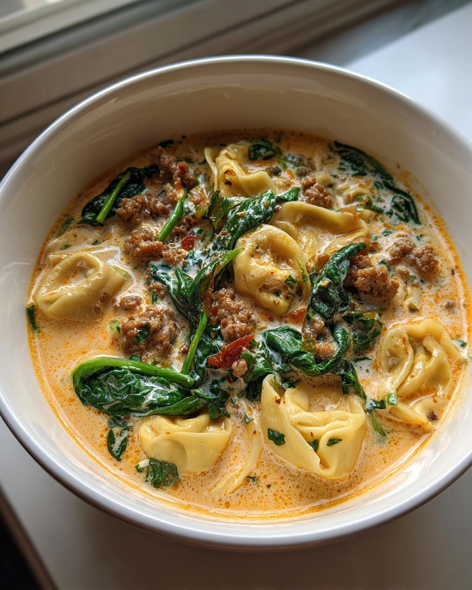 Close-up of a white bowl filled with creamy tortellini soup, featuring cheese tortellini, ground meat, and wilted spinach.