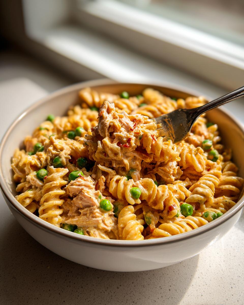 Close-up of creamy tuna pasta with fusilli and green peas being lifted by a fork from a bowl.