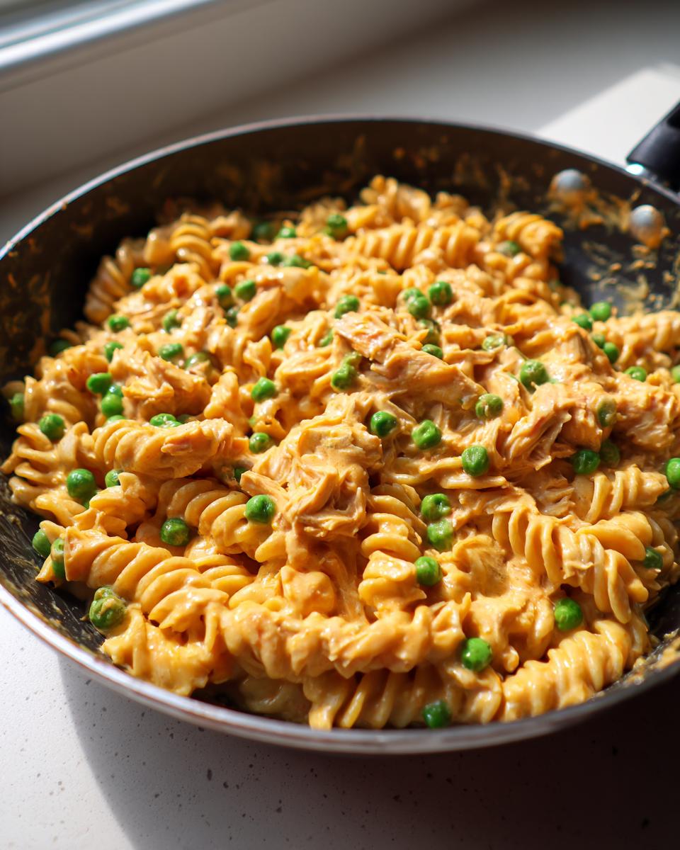 Close-up of creamy tuna pasta made with rotini noodles and bright green peas, served directly in a dark skillet.